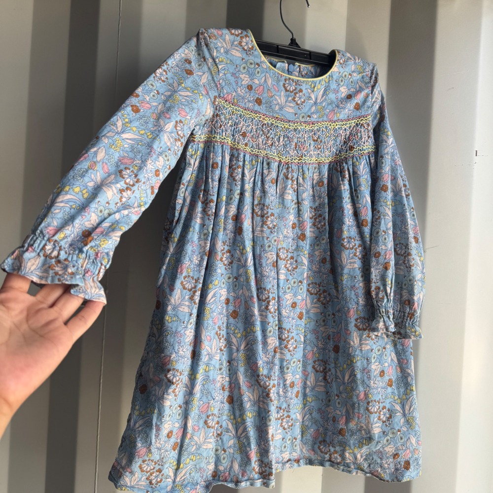 Mini Boden Dress 7-8Y Blue Floral Smocked Cotton Cottagecore Long Sleeve 128cm - Picture 12 of 12